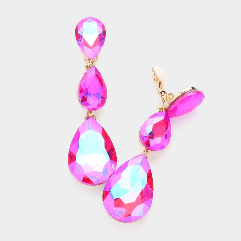 Fuchsia Dangle Crystal Clip On Earrings 3 Inch Triple Tear Drop ClipOns Jewelry